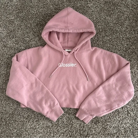Glossier Pink Cropped Hoodie Size M Reworked Sweatshirt Logo Pullover Cozy Rare - Picture 1 of 8